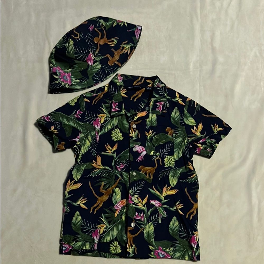 Janie and Jack Black and Green Button Down Shirt Tropical Vibes